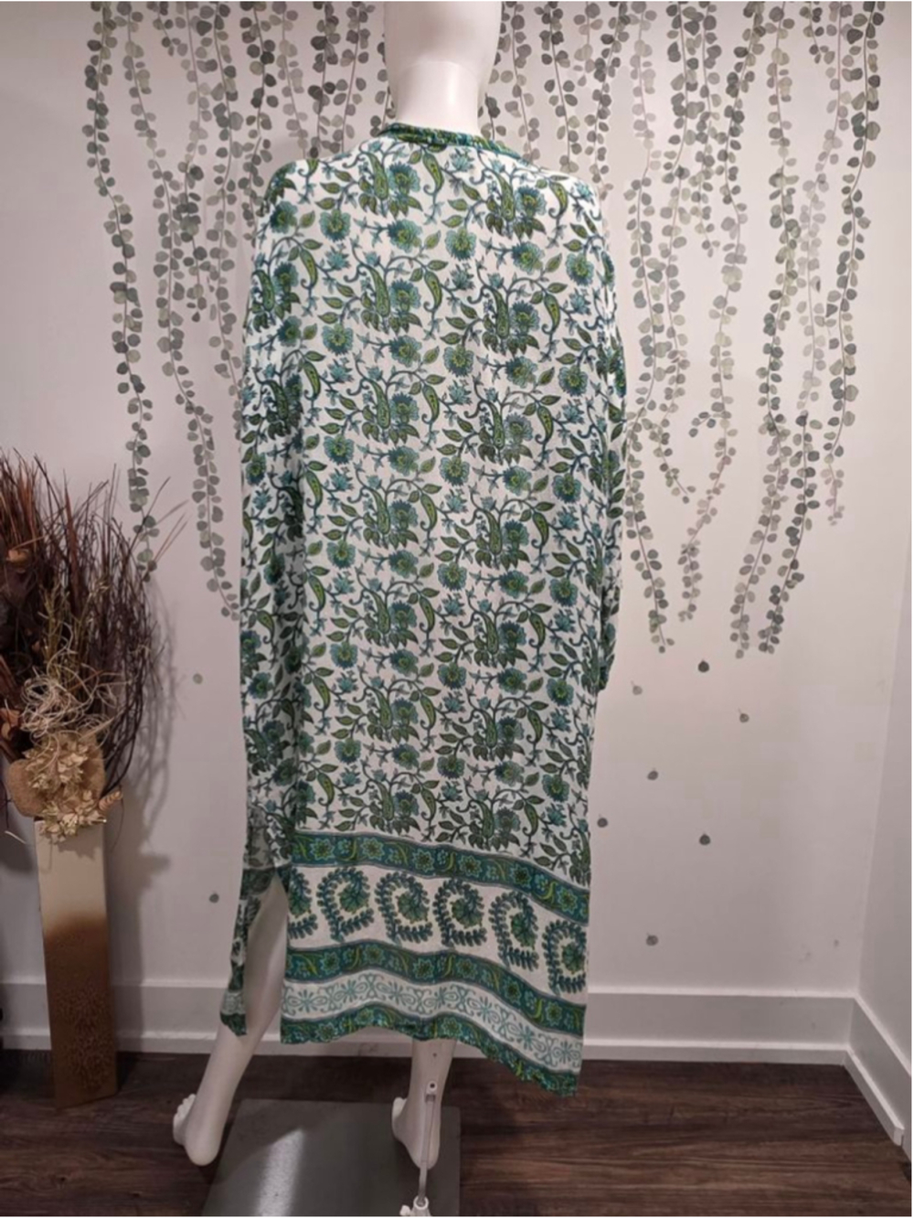 Raj Floral Duster Kimono One Size Green Blue Paisley Boho Lightweight - Picture 6 of 7